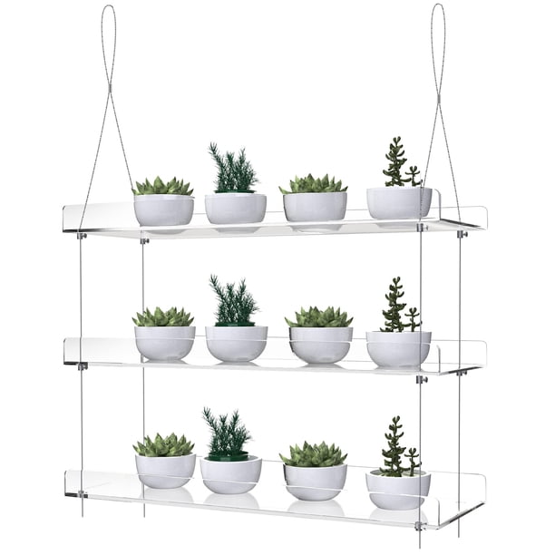 Estantes colgantes de acrílico de 3 niveles para ventanas, cada nivel de 16 pulgadas de largo, soporte de plantas ajustable en altura, soporte transpa