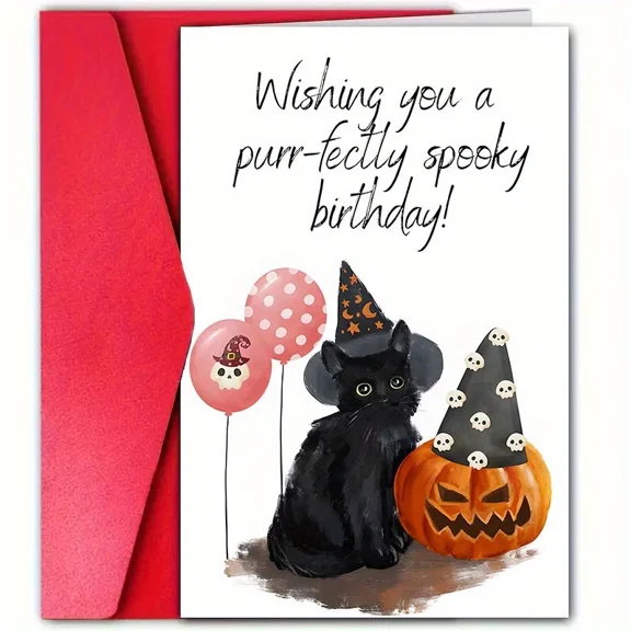 Purr-fectly Spooky Birthday Card – Black Cat with Halloween Decor – Cute Greeting Card for Cat Lovers – Perfect for Birthday Celebrations