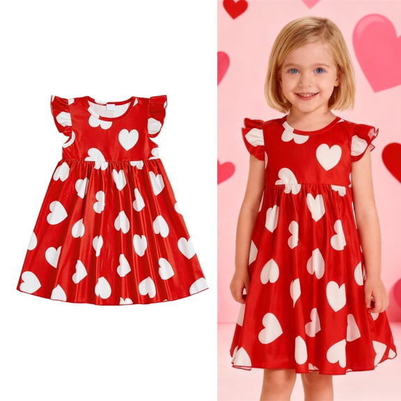 Toddler Valentines Dress for Girls Heart Print Ruffle Sleeve Swing A-Line Casual Sundress Girls Valentines Day Outfit 18-24 Months Dresses for Girls