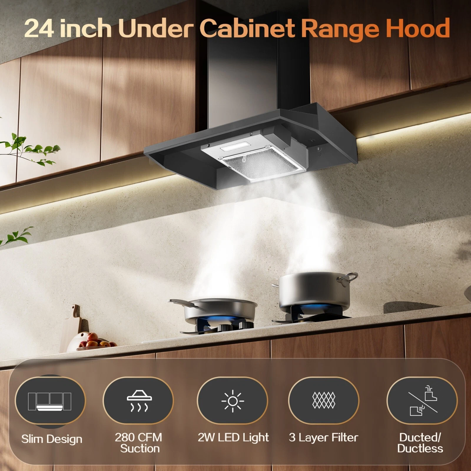 24 inch Under Cabinet Range Hood 2-Speed 280CFM Kitchen Vent Aluminum Grease Filter Effective LED Light Black Stainless Steel