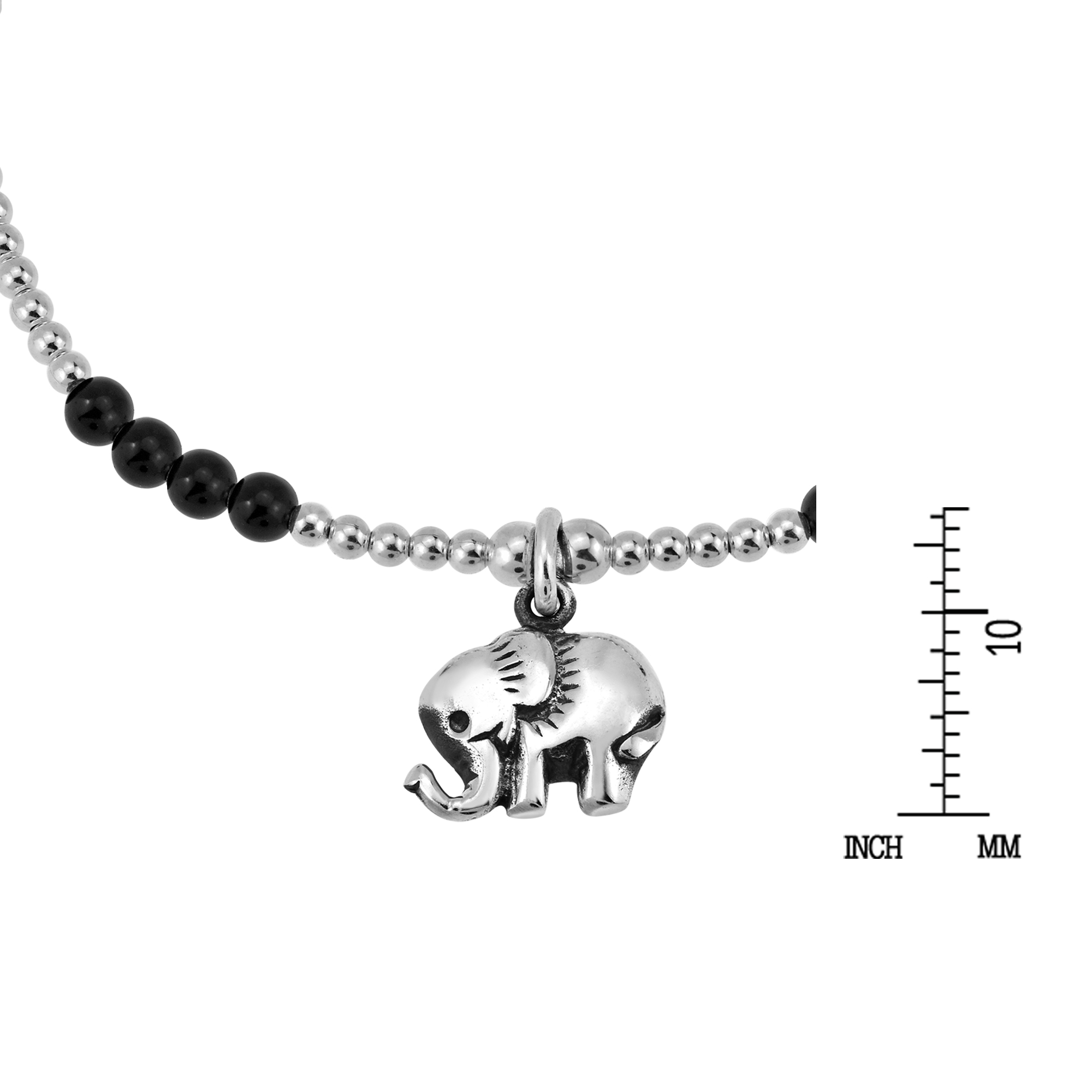 Dainty Royal Elephant Black Onyx Charm Sterling Silver Beaded Bracelet