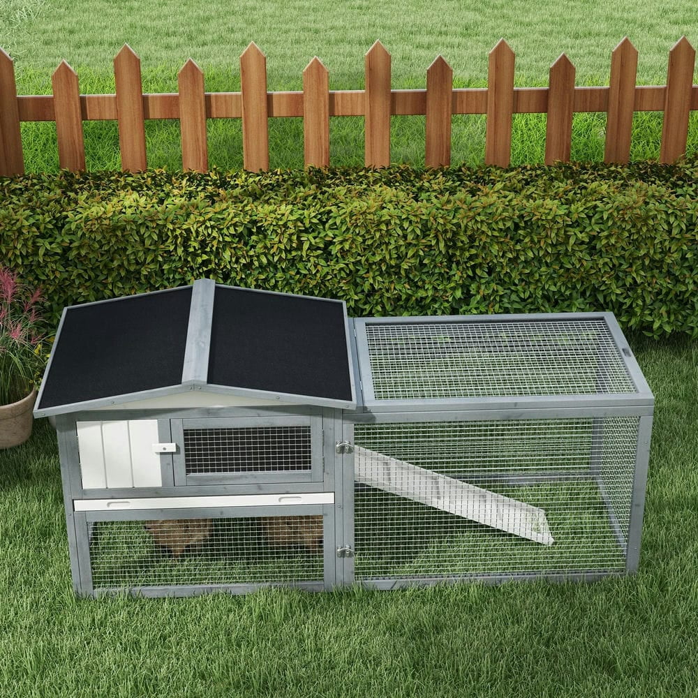 Topcobe Large Rabbit Cage Outdoor 61"L Guinea Pig Hutch w/ Run Feeding Trough Removable Tray Ramp Asphalt Roof, Outdoor Wooden Pet Shelter, White