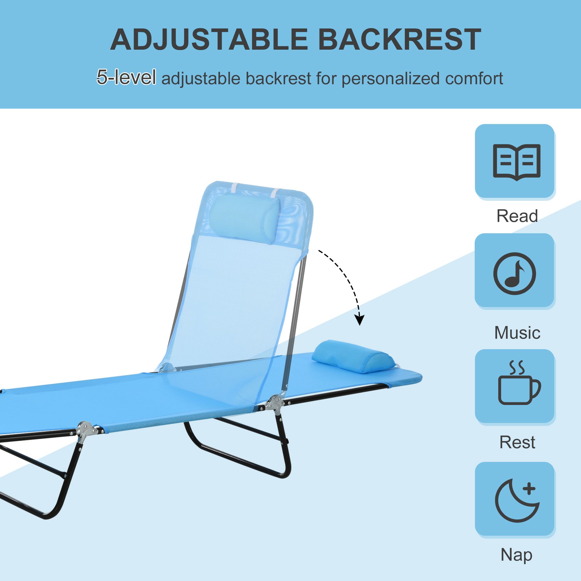 5-Position Reclining Foldable Outdoor Chaise Lounge with Head Pillow, Powder Coated Steel Breathable Quick Dry Mesh Pool Beach Lawn Lounge Chair Supports 264lbs Cream