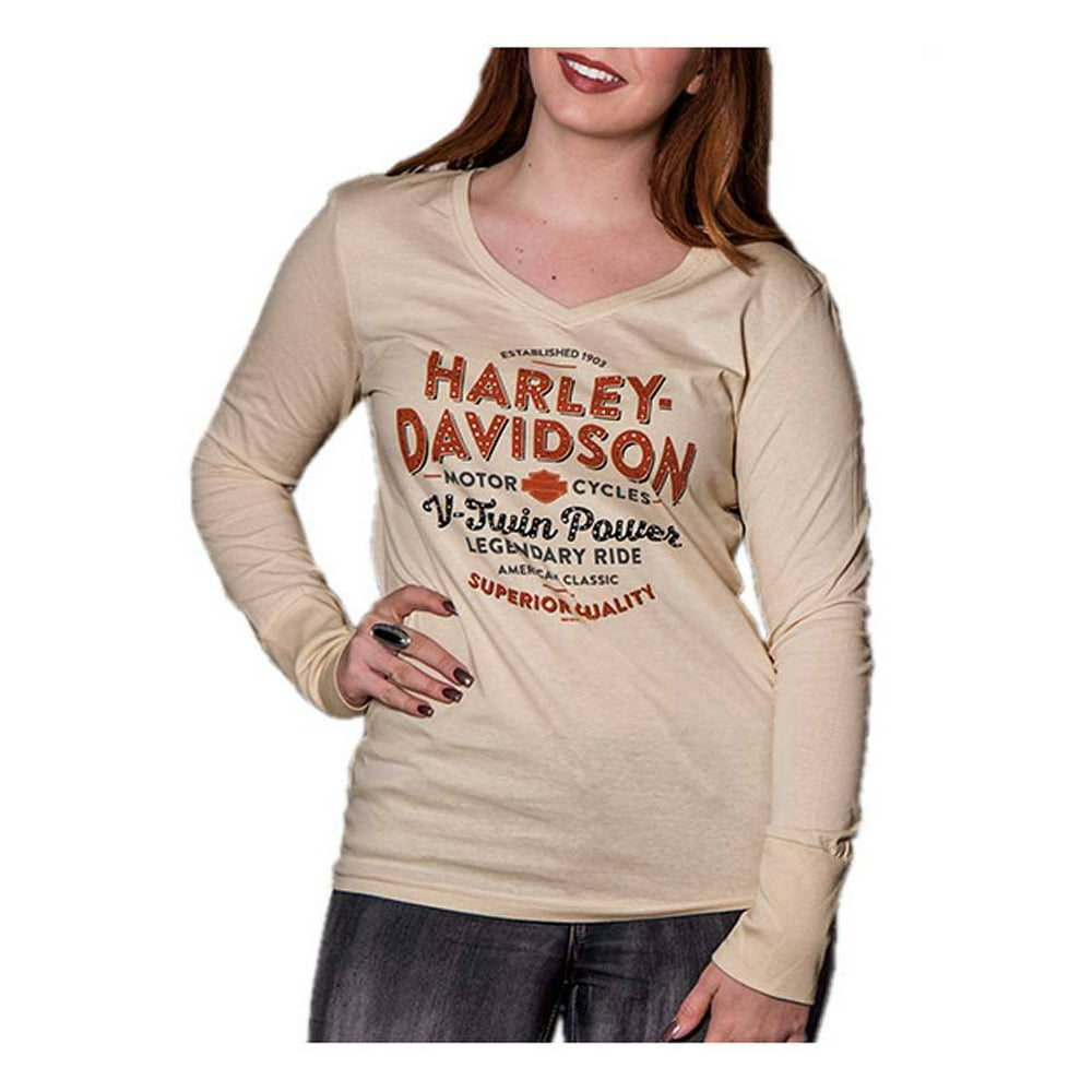 Harley-Davidson - Harley-Davidson Women's Rumble Rhinestone V-Neck Long Sleeve Shirt, Tan