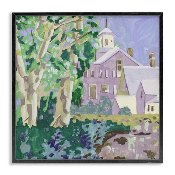 Stupell Industries Town Church Through Trees Buildings & Architecture Painting Black Framed Art Print Wall Art, 12 x 12
