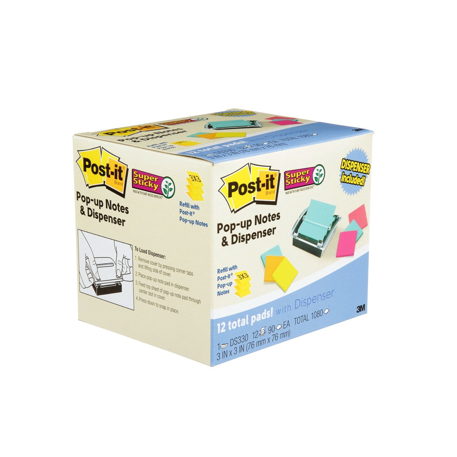 Post-it Super Sticky Dispenser & Pop-up Notes, 3 in x 3 in, Assorted Colors, 12 Pads