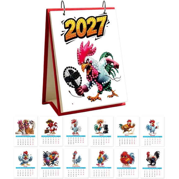FLOPESN 2027 Chicken Diamond Art Desk Calendar, Creative Paper Home Decor Ornament, DIY Craft Kit