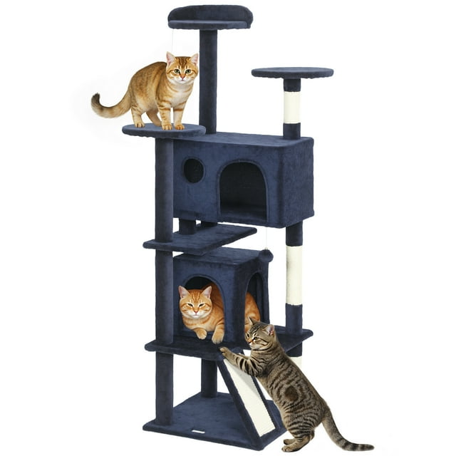 PawHut 54" Cat Tree Tower with Scratching Posts, Cat Condos, Dark Blue