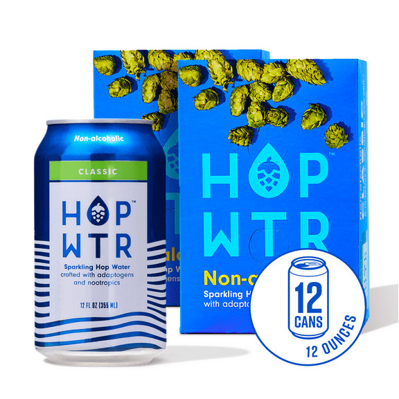 HOP WTR Sparkling Hop Water, Classic 12 Pack, Sugar Free, Low Carb Non Alcoholic Drinks, NA Beer, Adaptogen Drink, No Calories, Adaptogens & Nootropics for Added Benefits, 12 oz Cans