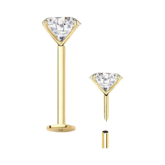 Natural Diamond 2mm 14K Solid gold 16G Push In Treadless Labret Ear Tragus Stud