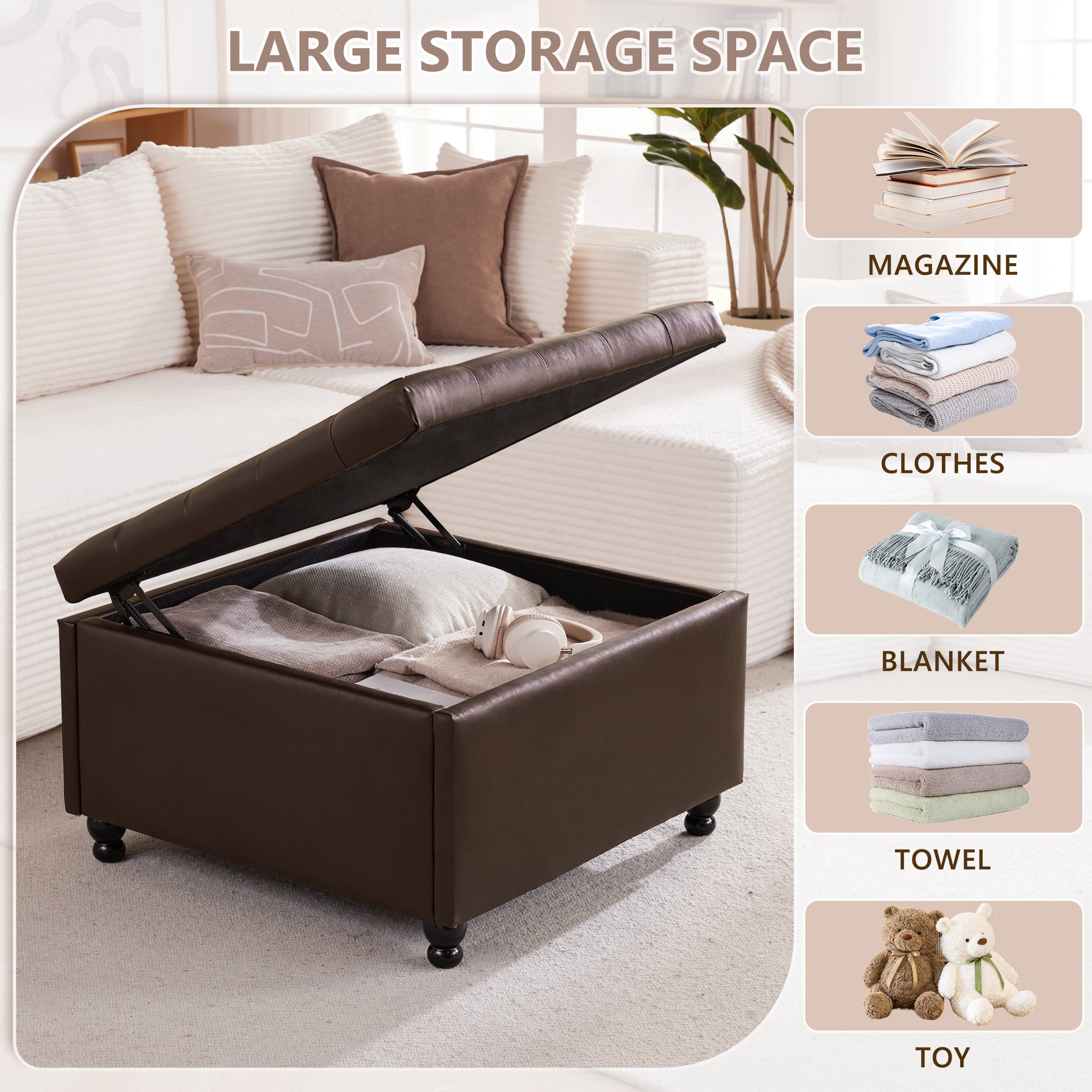 Weture Oversized Square Storage Ottoman Coffee Table, Tufted Upholstered, Leather, 29.5 Inch, Brown