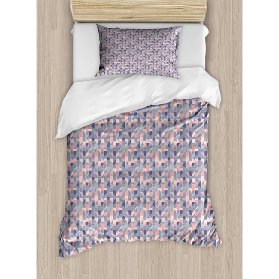 Geometric Duvet Cover Set Twin Size, Retro Style Whimsical Shapes in Different Tones Surreal Abstract Ornaments, Decorative 2 Piece Bedding Set with 1 Pillow Sham, Multicolor, by Ambesonne