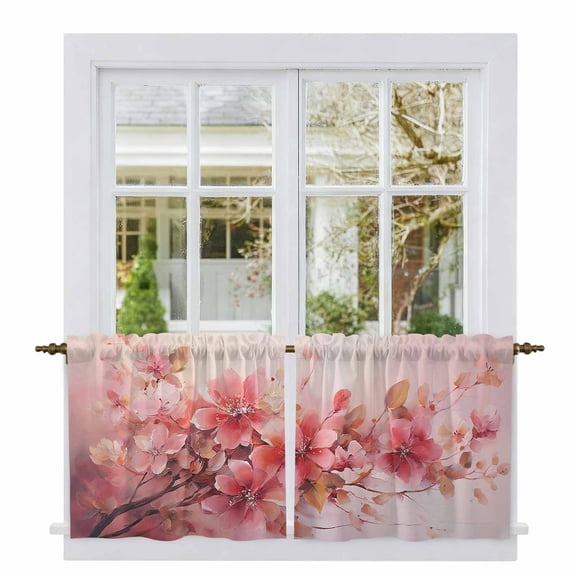 Flower Painted, Abstract Blush Pink Watercolor Tier Curtains, Light Filtering Kitchen Curtains, 2Pcs Rod Pocket Half Window Treatments Panels for Sink Cafe Cabinet Camper 27.5x24 Inches