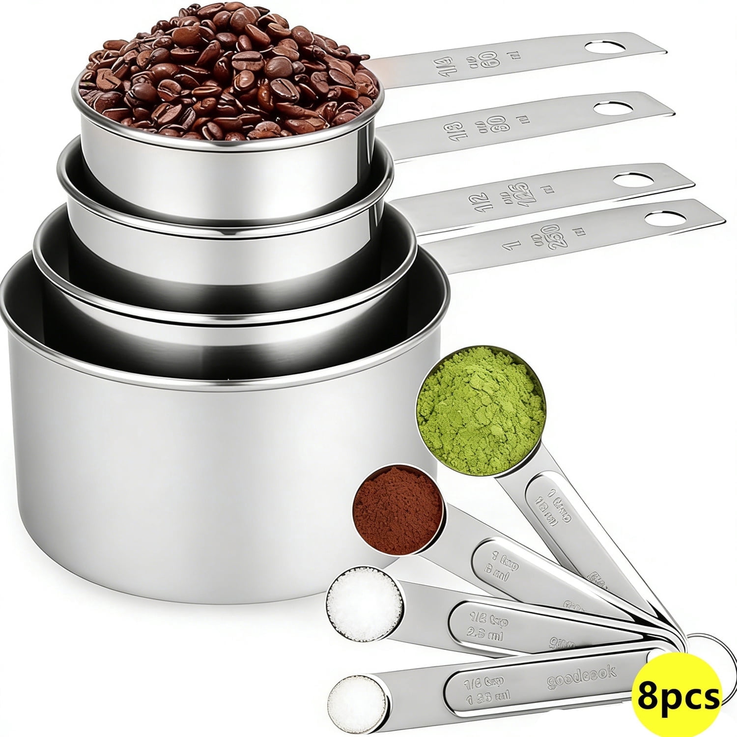 Stainless Steel 8-Piece Measuring Cups & Spoons Set, Nesting Tools for Dry & Liquid Ingredients, Kitchen Gadgets for Cooking & Baking, Includes 4 Cups + 4 Spoons
