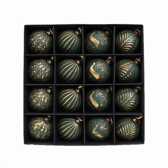 16pcs Christmas Baubles Set, Vintage Matte Dark Green with Gold Rubbed Effect, Embossed Plastic Hanging Ornaments for Christmas Tree Holiday Home Decoration
