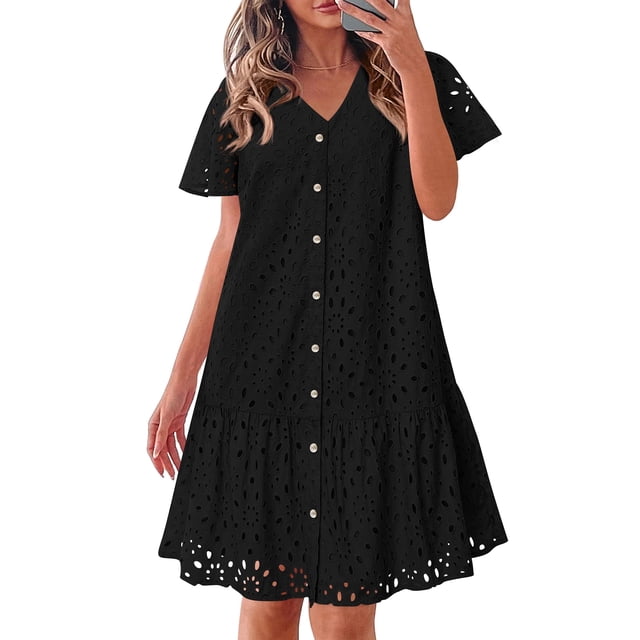 Vestido de verano KIRUNDO 2025 con botones y cuello en V y encaje negro