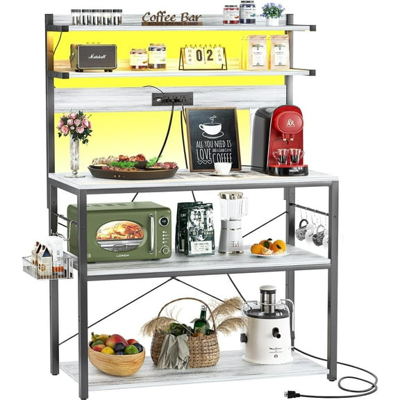 Bakers Rack with Power Outlet, Microwave Stand, 5 Tiers Coffee Bar Station with Led Lights, Kitchen Storage Shelf with 6 S-Shaped Hooks, Kitchen Rack Coffee Bar Stand, White Oak