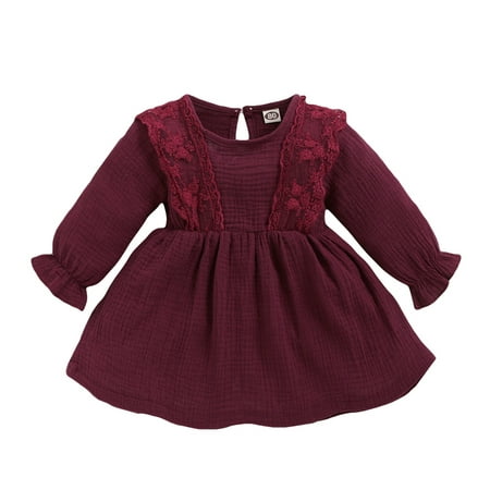 

3T Toddler Baby Girls Clothes Baby Girls Dress Long Sleeve Round Neckline Dress 3-4T Girls Solid Color Dress Red