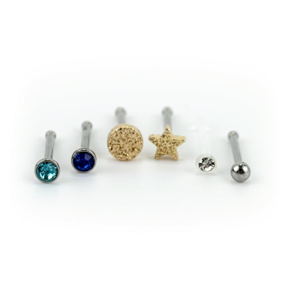 Claire's Women's Gold Textured Star 20G Nose Ring Studs, Stainless Steel, 6 Pack, 99139