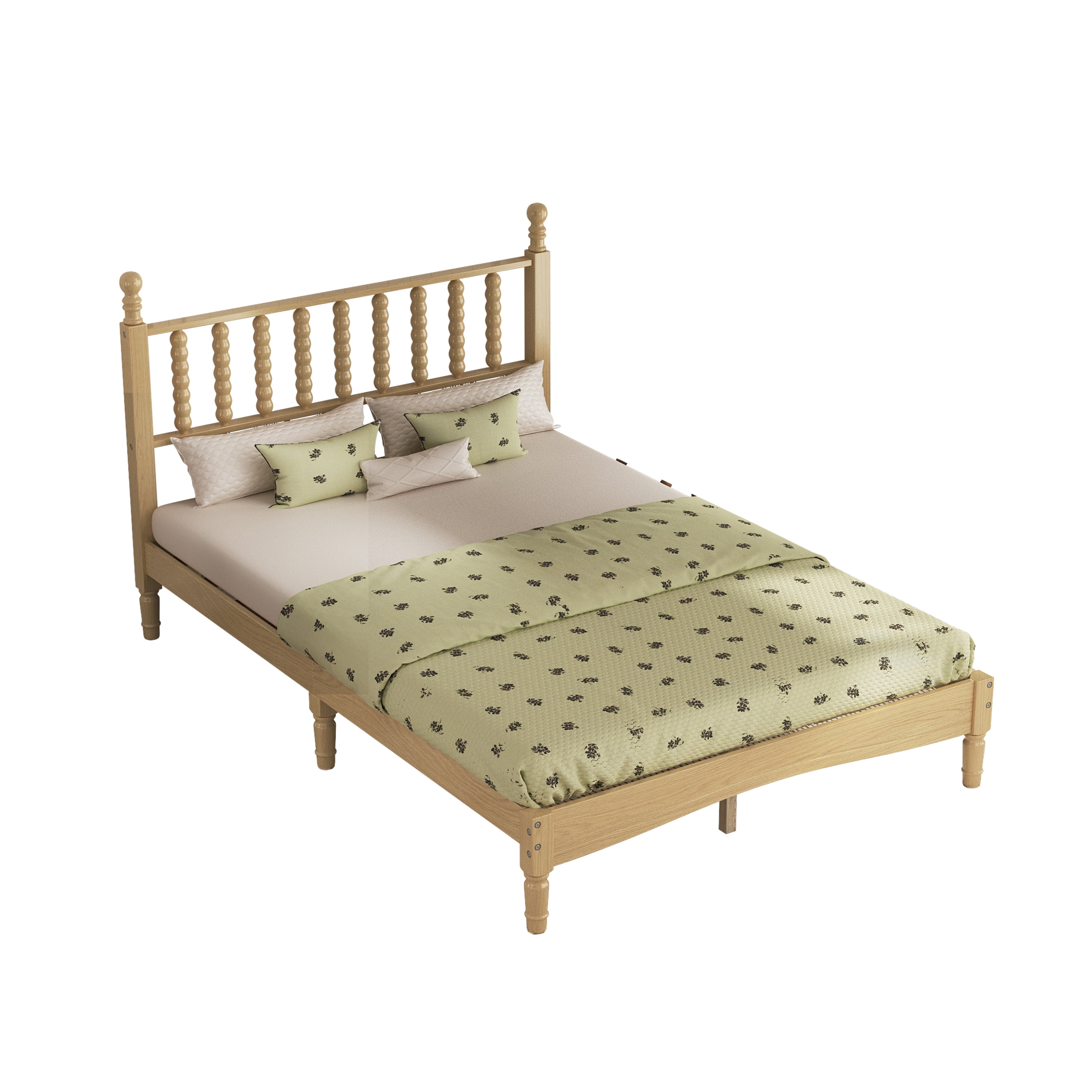 Euroco Wood Full Size Platform Bed, Retro Style Bed with Gourd Shaped Headboard, Natural
