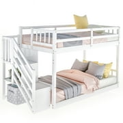Euroco Wood Twin over Twin Floor Bunk Bed with Staircase for Kids Teens Room, White