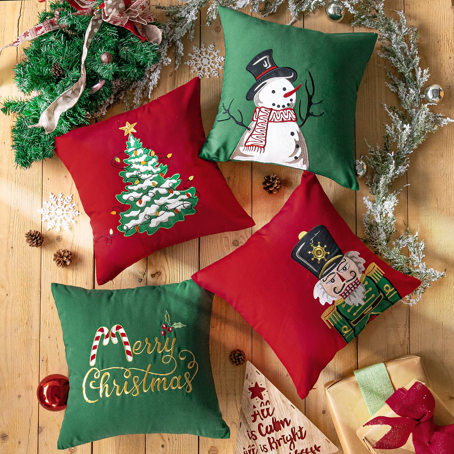 Christmas Series Classic Red, Green Printed Decorative Series Throw Pillow Covers, Red and Green, 18" x 18", Set of 4