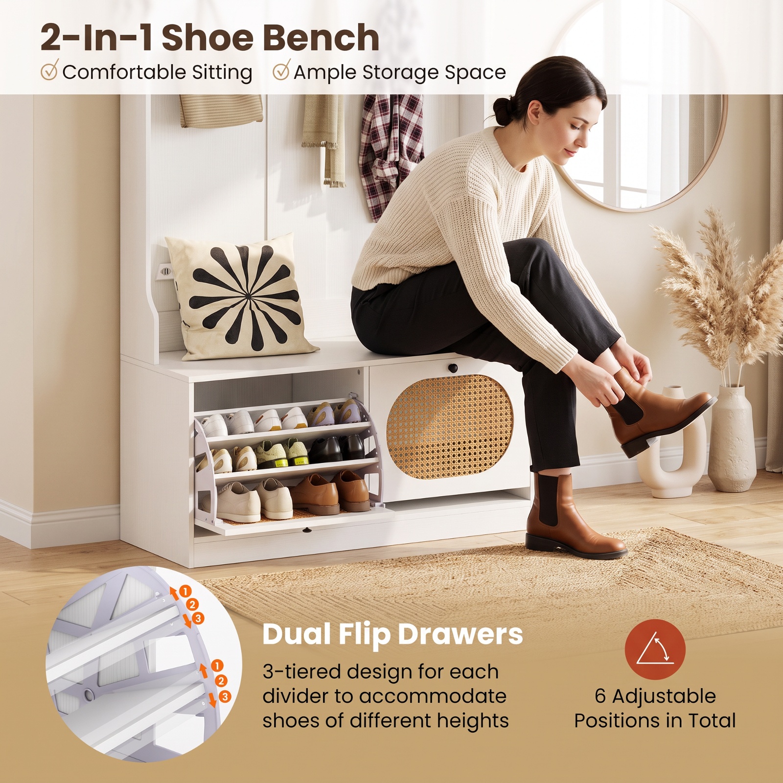 Furnibear 4 in 1 Entryway Hall Tree with Coat Rack and Flip Drawers and Storage Bench for Mudroom and Foyer and Hallway, White