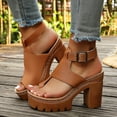 thumbnail image 2 of Pandaie Womens Chunky High Heeled Sandals Ankle Strap Slingback Dress Summer Pumps Toe Ring Leather Platform Slip on Work Shoes (Brown,9), 2 of 7