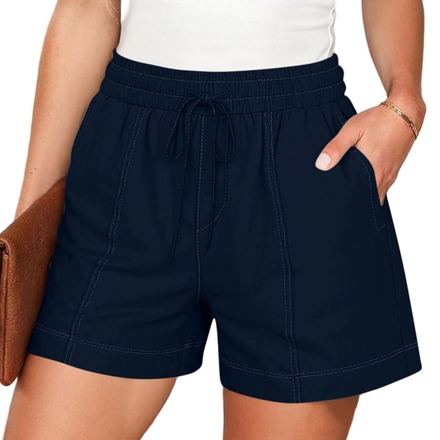 Xfvqtps Shorts for Women Elastic Waist Drawstring Casual Summer Shorts with Pockets Solid Color Lounge Shorts