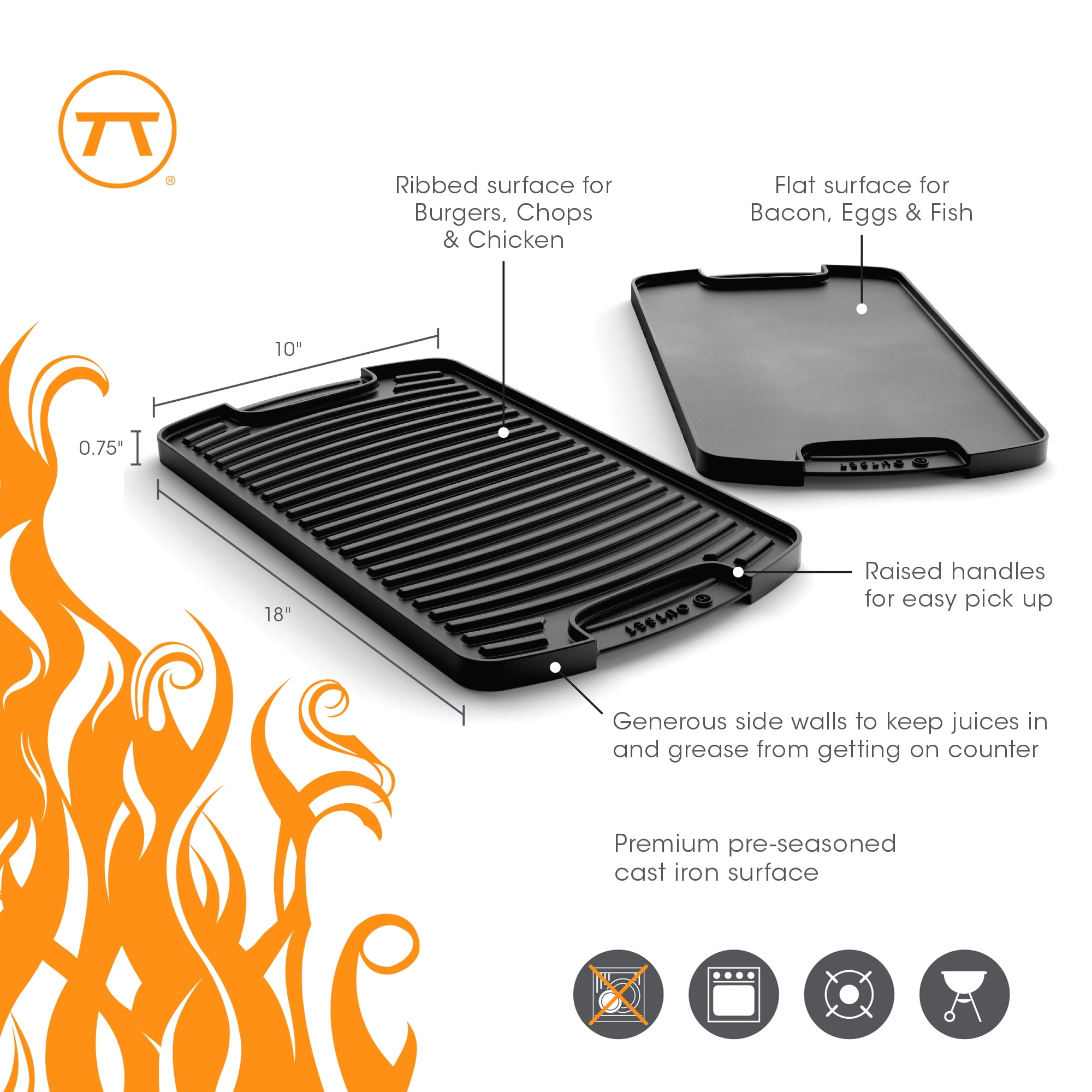 Outset Reversible Cast Iron Griddle, 18” x 10” x 0.75”