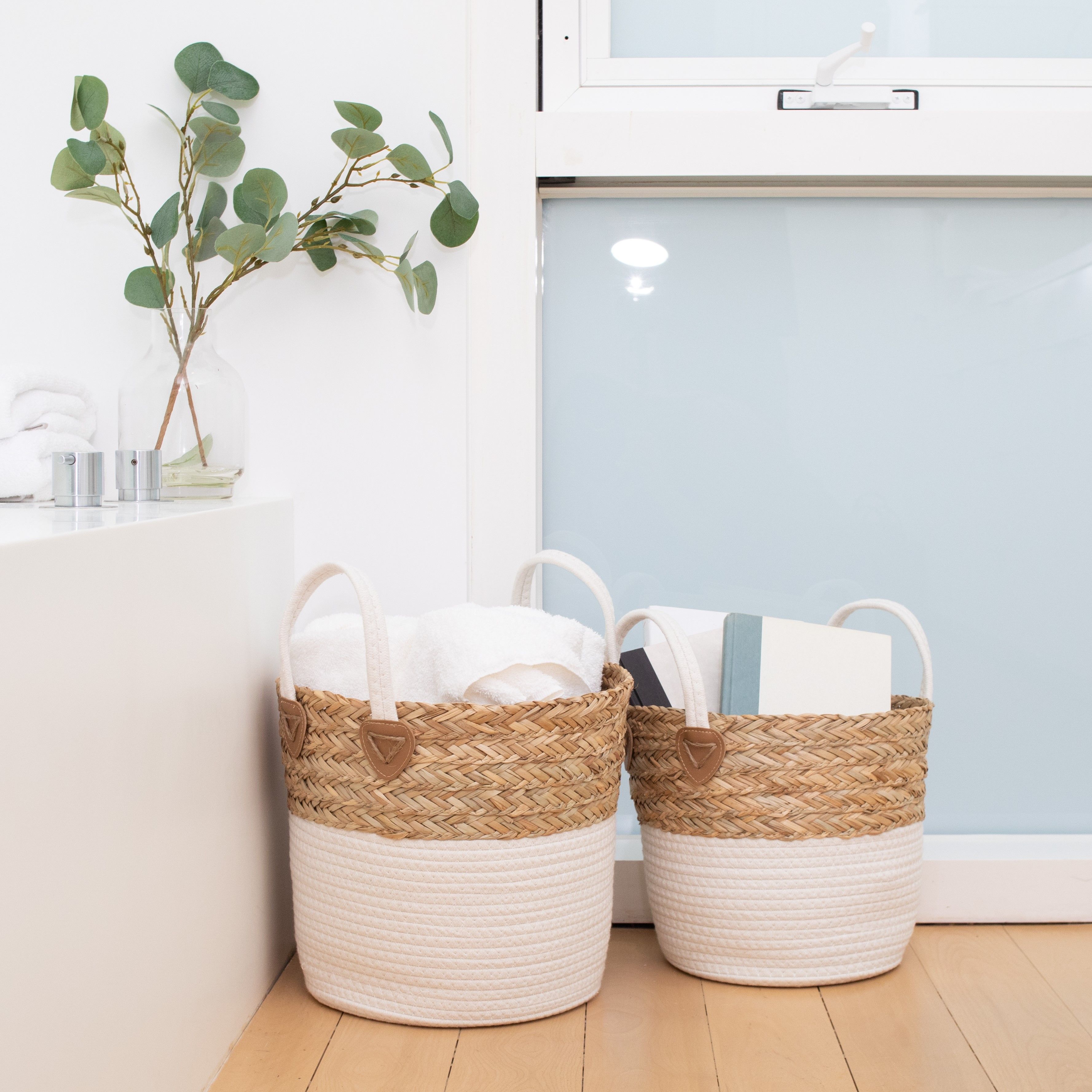 Set of 2 Round Storage Basket, Braided Seagrass & Cotton Rope (MD+SM), Natural & White
