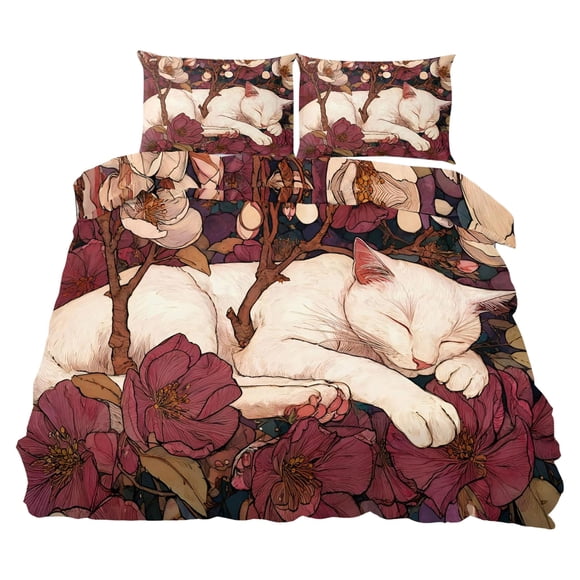 White Cat Duvet Cover Size Cat Flower Comforter Set Cute Pet Bedding Set Oil Painting Comforter Cover With Zipper Ties For Bedroom
