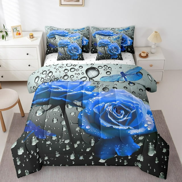 Ensemble de Douillette Simple à Roses Bleues - 7 Pcs, Douillettes Réversibles, Ensemble de Lit Format Simple, Lit en Sac avec Douillette, Draps à Fleurs de Jardin et Libellules, Taies d'Oreiller et Couvre-Oreillers, Ensembles de Literie à Esthétique Rustique avec Animaux