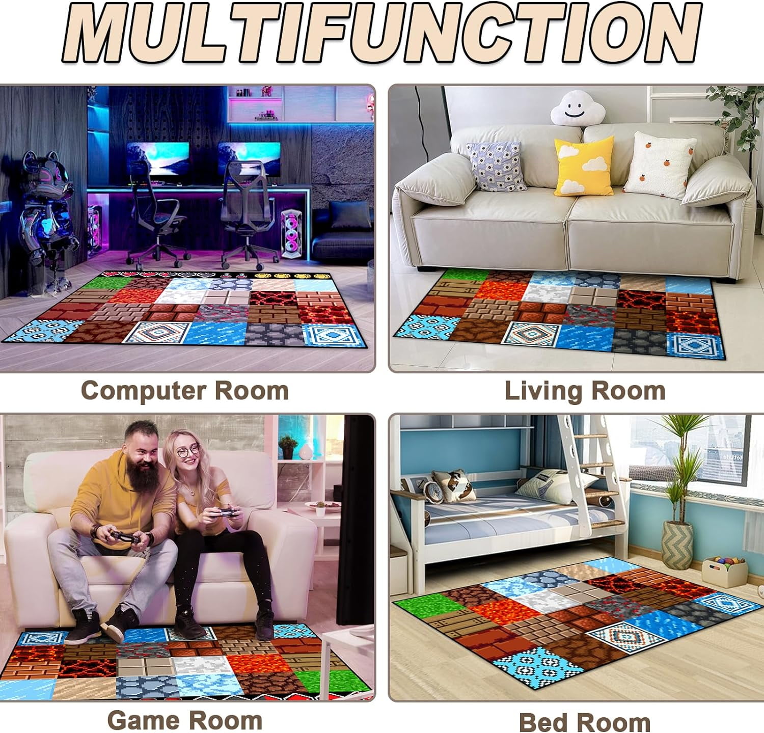 Game Rug Teen Boys Carpet with Pixel Game Element Decoration, 8 Bit Old Game Rugs for Boy’s Bedroom Living Room Playroom, Non-Slip Children Gaming Area Rugs (60" x 40")