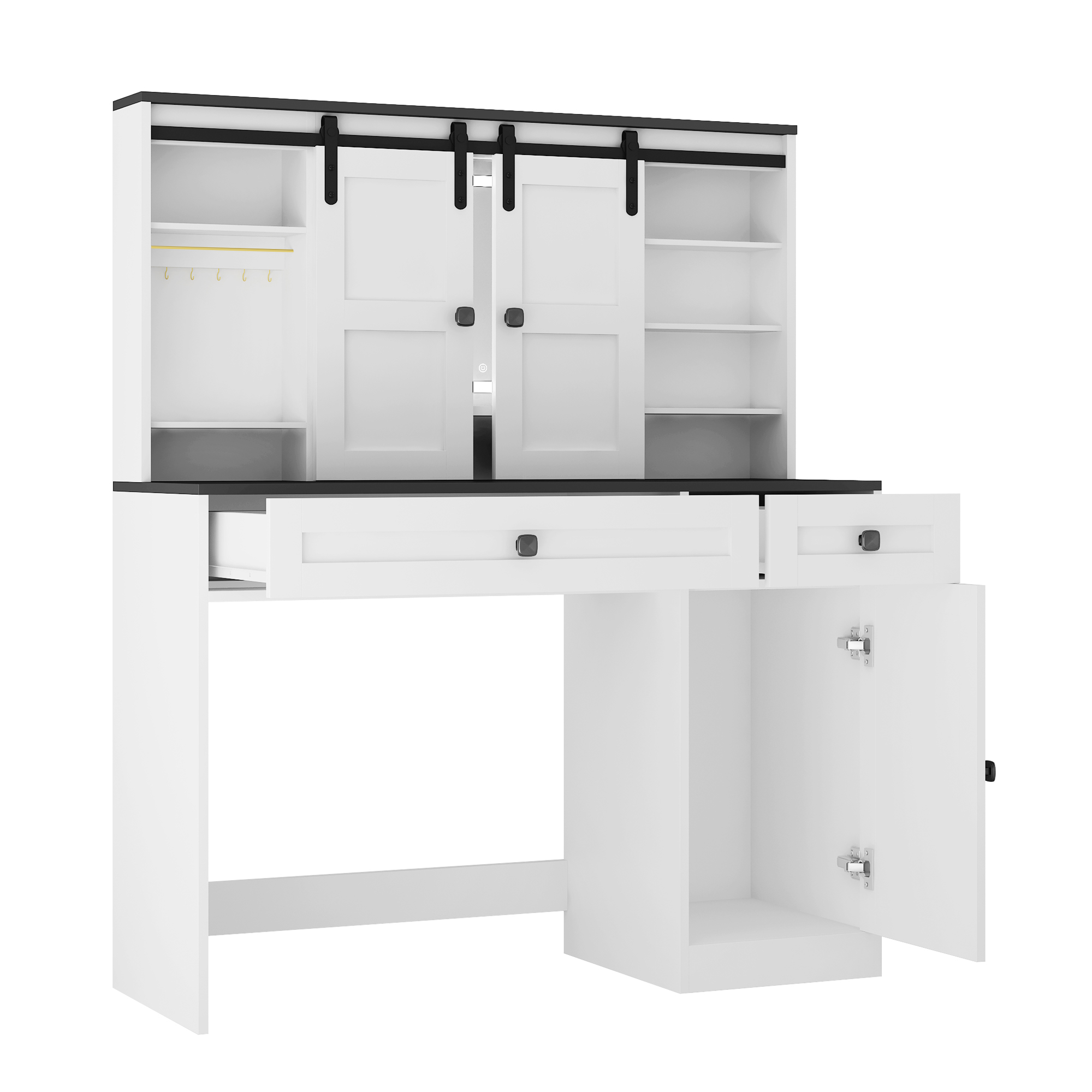 Aukfa Farmhouse Vanity Desk w/Mirror & Light, Large Dressing Table Set for Bedroom,White