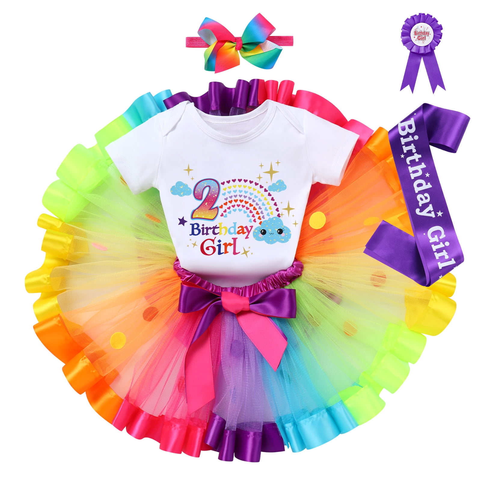 IBTOM CASTLE Toddler Baby Girl Unicorn 1st 2nd 3rd Birthday Outfit Romper + Rainbow Tutu Skirt + Headband + Sash + Badge 5PCS Princess Dress up Clothes Set for Cake Smash Photo Shoot