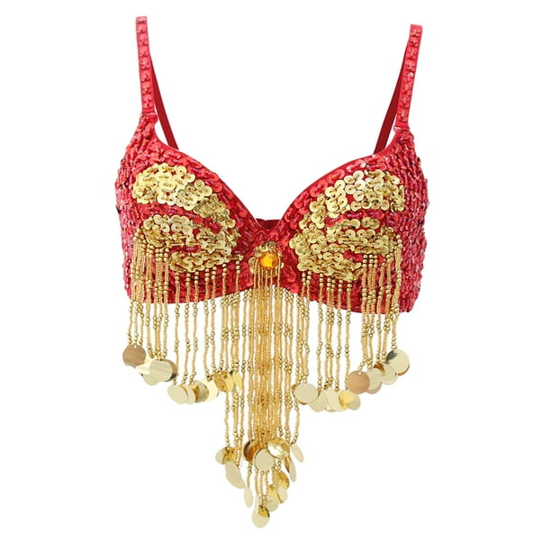 Sparkling Belly Dance Sequin Beaded Fringe Bra Top Nightclub Dance Party  Stage Performance Red 