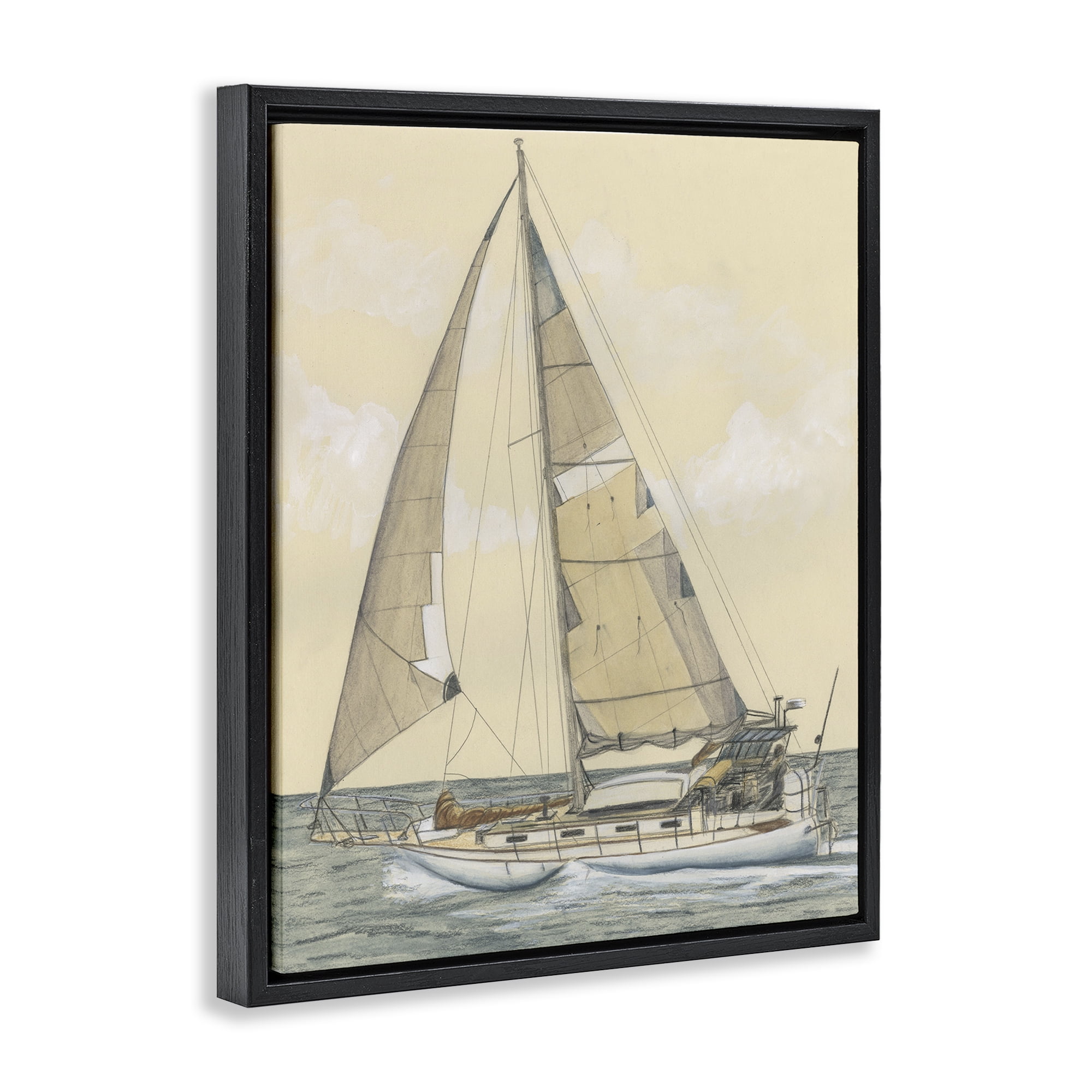 Stupell Industries Detailed Sailboat View Transportation Painting Black Floater Framed Canvas Art Print Wall Art, 17 x 21