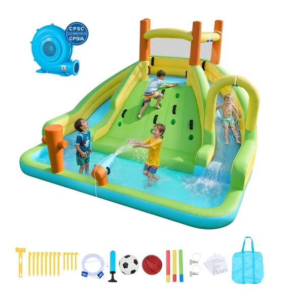 VEVOR Inflatable Bounce House, 13.3 x 11.4 x 8.4 ft Inflatable Bounce House Water Slide, Bouncer Castle with Climbing Wall, Double Tall Slides, Splash Pool & Mini Soccer, for 3 to 4 Kids Ages 3 to 8