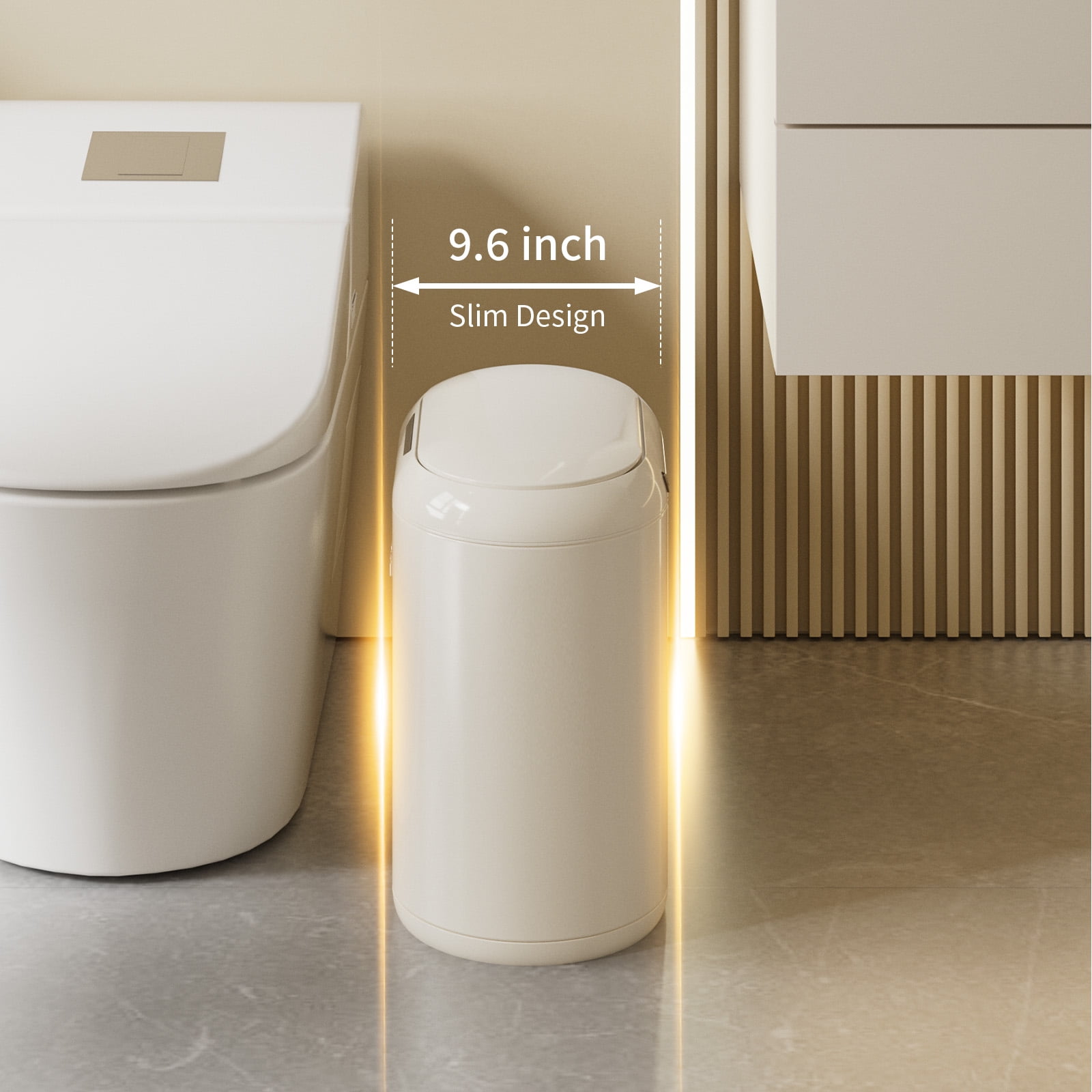 MRBIN Automatic Trash Can for Bathroom, Metal Touchless Garbage Bin with Lid, 3.2 Gallon Small Slim Trash Can for Office and Kitchen, Electric Motion Sensor Bedroom No Touch Bin, Cream White
