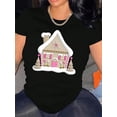 thumbnail image 1 of Women's Casual Winter House Graphic T-Shirt - White, Round Neck, Short Sleeve, Comfortable Polyester Blend, Machine Washable, Festive Holiday Design, 1 of 8