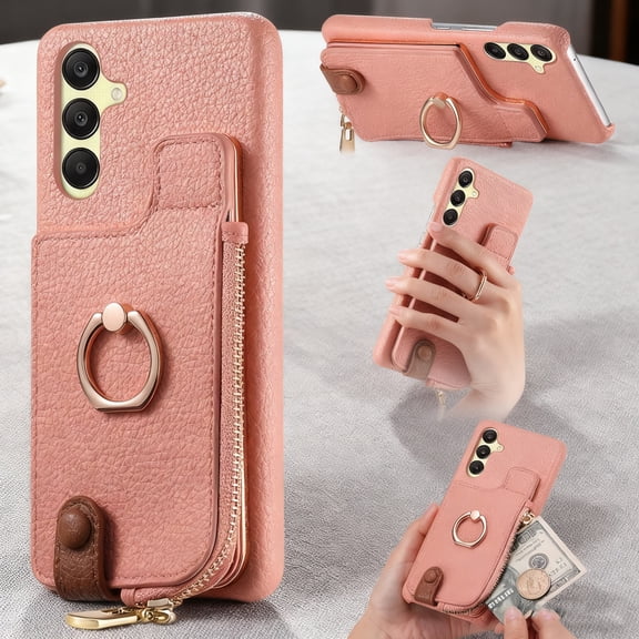 Compatible for Samsung Galaxy S25 FE Wallet Case with RFID Blocking, Zipper PU Leather Purse Case Ring Holder Stand with Card Holder, Shockproof Protection Magnetic Car Mount Phone Cover - Pink