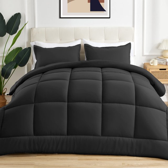 Sonive Edredón para todas las estaciones, suave y esponjoso, de microfibra transpirable, 7.05 oz/m², relleno de edredón alternativo con 8 pestañas en las esquinas, fácil cuidado (Queen negro)
