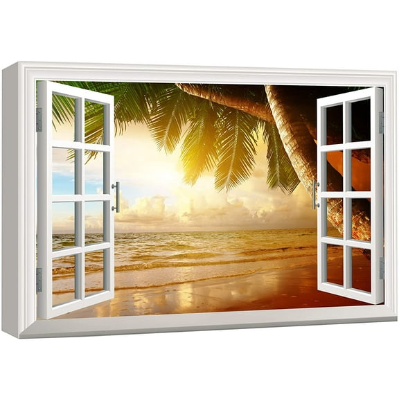wall26 - Creative Window View Canvas Prints Wall Art - Sunrise on The Oceanside - 12"x18"