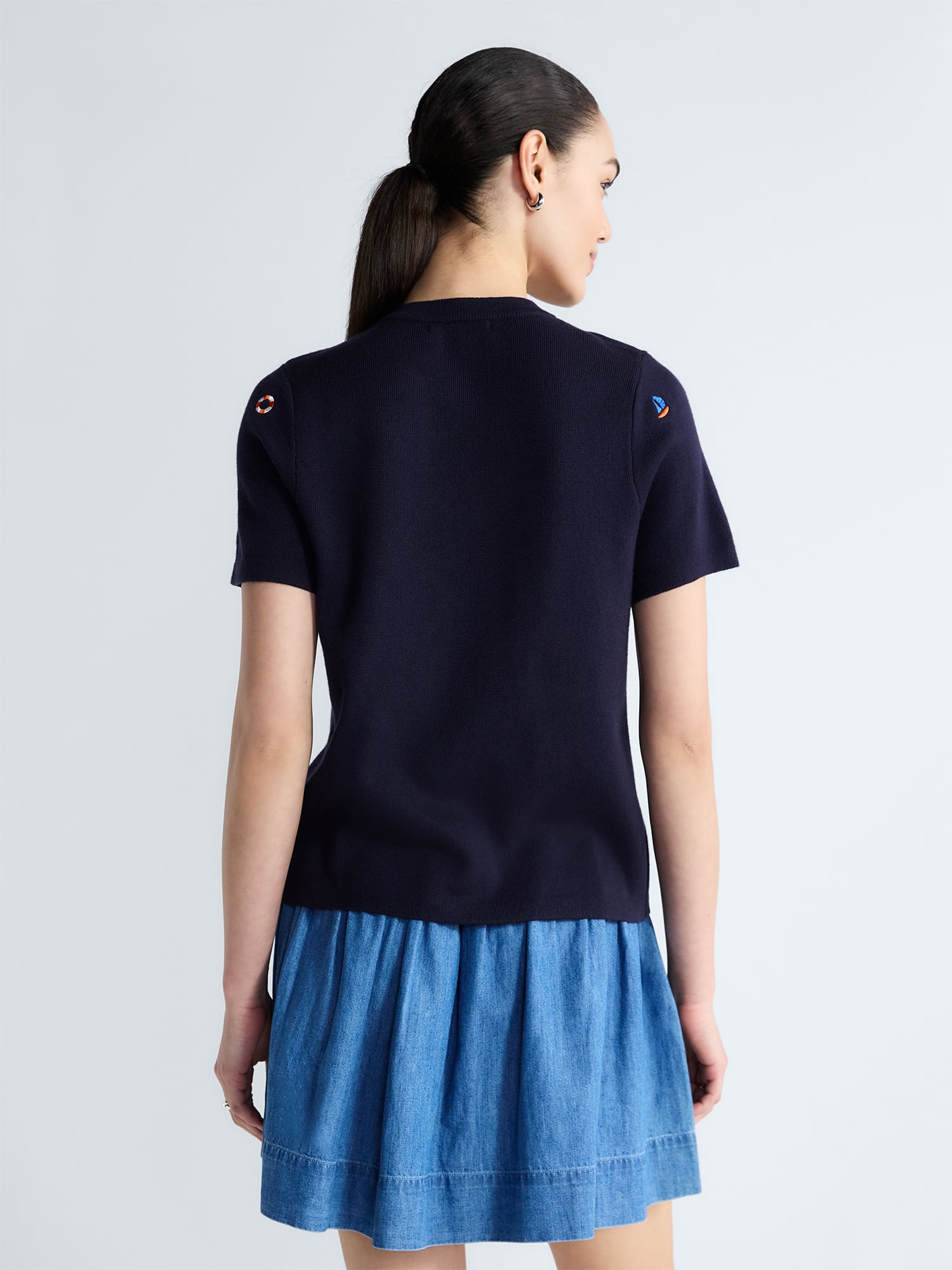 Free Assembly Women's and Women's Plus Embroidered Cardigan Sweater with Short Sleeves, Sizes XS-4X