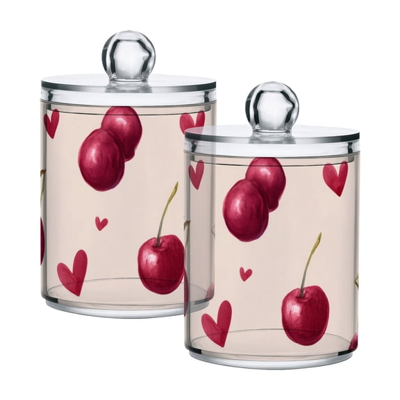 Fresh Cherries with Hearts Valentine Translucent Plastic Cans Storage Canisters with Lid Set of 2