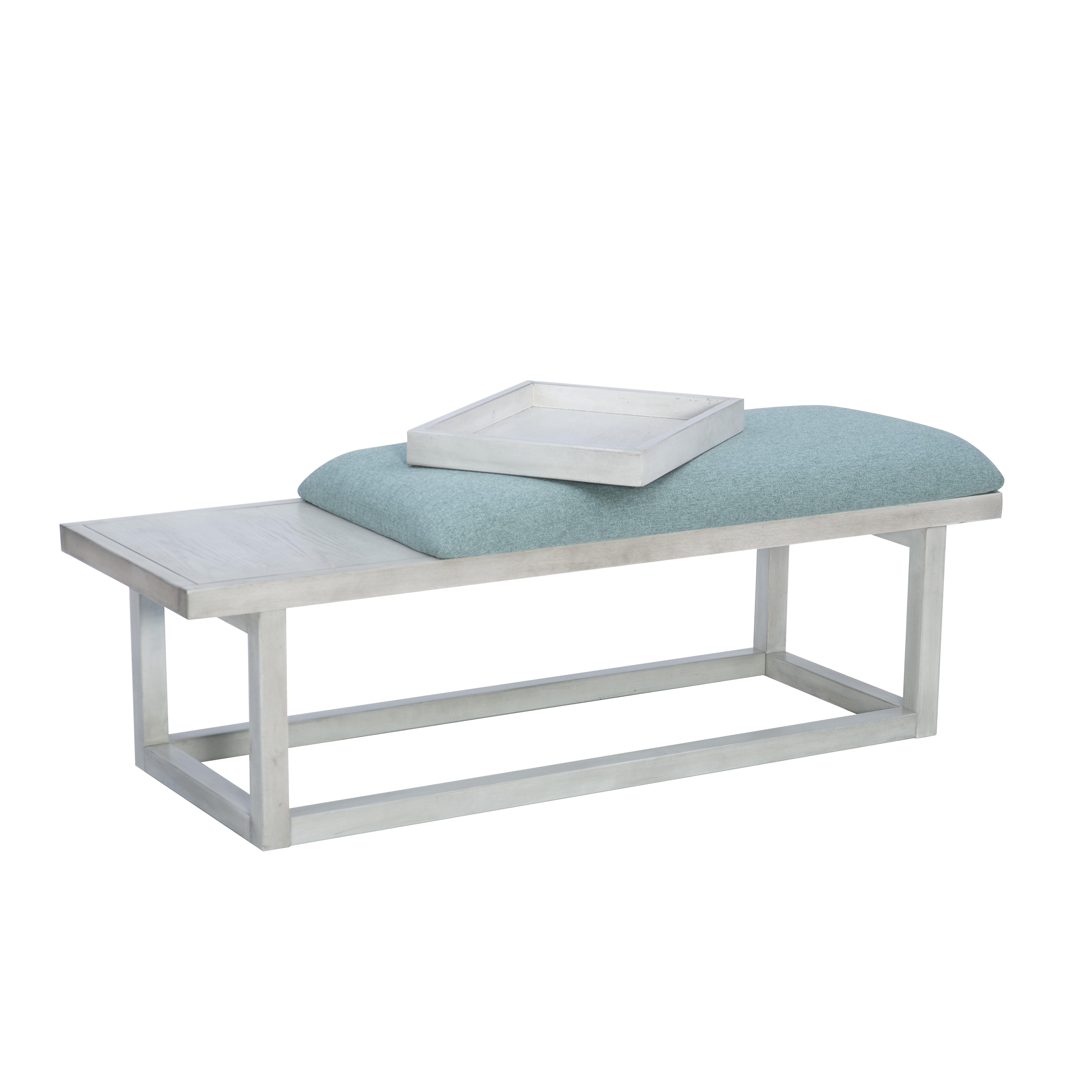 Powell Mickle Upholstered Bench with Built-In Tray, Whitewash/Aqua