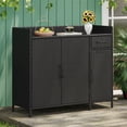 thumbnail image 3 of 47.5"W Wicker Outdoor Storage Cabinet with Tempered Glass Desktop, Weather-proof Rattan Bar Table with Three Doors, Adjustable Shelf, and One Drawer, for Outdoor Cushions, Pool Toys,Black, 3 of 22