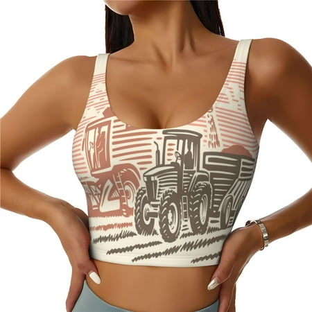 Haiem Combine harvester working with tractor Pattern Womens Sports Bra - U Neck Padded Low Impact Yoga Bra Workout Crop Top Gym Moisture-Wicking Workout Vest-Medium