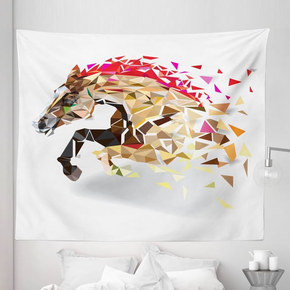 Animal Tapestry, Disappearing Wild Horse in Digital Polygonal Geometric Modern Design Cubism Art, Fabric Wall Hanging Decor for Bedroom Living Room Dorm, 5 Sizes, Tan Red Brown, by Ambesonne